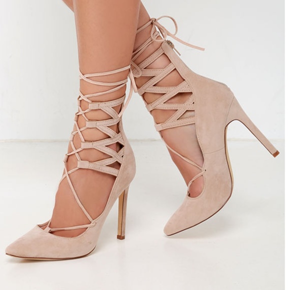 Lulus Shoes - LULUS -Pointed Toe Kylie Nude Suede Lace-Up Heel